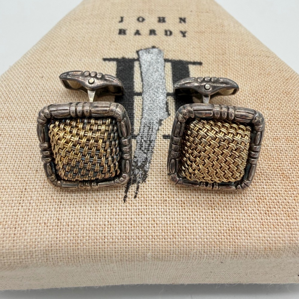 John Hardy 18K Gold & 925 Sterling Silver Woven Square Cufflinks Cuff Links
